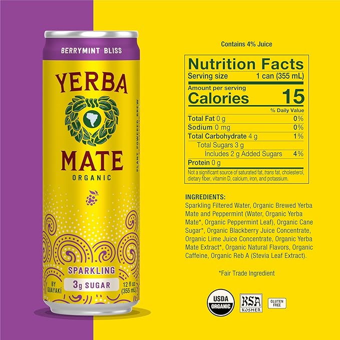 Yerba Madre Organic Sparkling Yerba Mate Berrymint Bliss Low Sugar 80mg Natural Caffeine Smooth Energy &amp Focus Carbonated 12 Oz (Pack of 12) (Packaging May Vary)