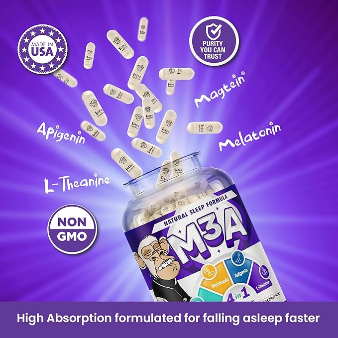 M3A Sleep Support - Magtein Apigenin Melatonin with L-Theanine - 90 Capsules - 2 Pack - Premium 4-in-1 Non-Habit Forming Natural Sleep Aid - Restful Nights and Refreshing Mornings by Bored Nutrition