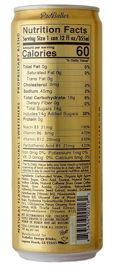 ProBaller Clean Energy Drink - Athlete-Grade Energy for Focus &amp Performance Naturally Sweetened with Agave NSF Certified for Sport Natural Caffeine Biotin Electrolytes Amino Acids &amp B Vi