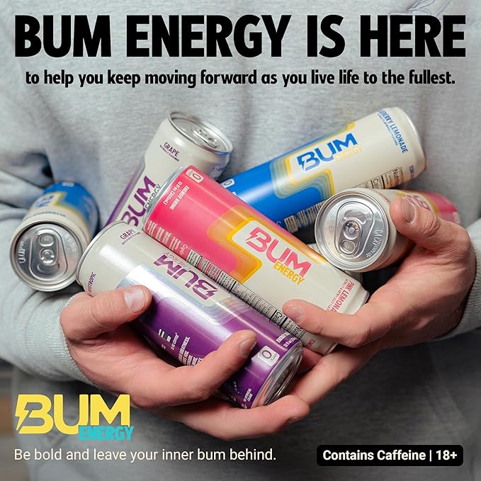 BUM Sugar-Free Energy Drink Pina Colada - Lightly Carbonated &amp No Artificial Colors Natural Caffeine &amp Citicoline for Energy &amp Focus Brain Boost &amp Workout Sports Beverage - 12 oz P
