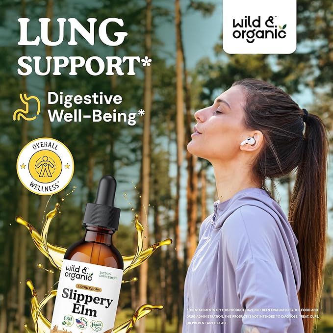 Wild &amp Organic Slippery Elm Drops - Lung Digestive &amp Women's Support - Slippery Elm Bark Tincture - Add to Tea Liquid Extract - Ulmus Rubra Supplement - Vegan Sugar &amp Alcohol-Free - 2 fl