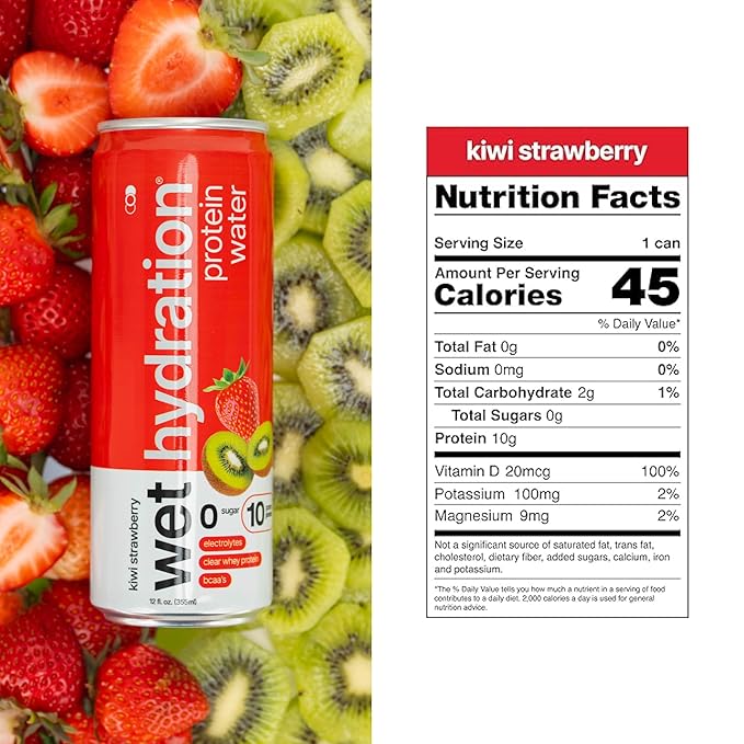 Wet Hydration Protein Water | Electrolyte Drink with Clear Whey Protein &amp BCAAs - Kiwi Strawberry Flavor (12oz Cans Pack of 12) | Zero Sugar 10g Protein Low Calorie Functional Hydration