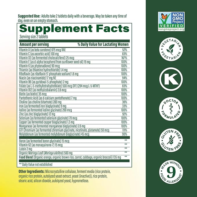 MegaFood Baby &amp Me 2 Postnatal Vitamins for Women Breastfeeding with Folate (Folic Acid Natural Form) Choline Iodine Vitamin D Moringa Leaf and More - 120 Tabs (60 Servings)