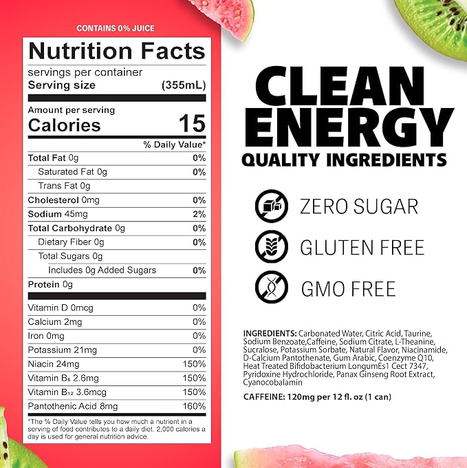 Liquid Ice Energy Drink - With Postbiotics For Gut-Health Natural Caffeine Zero Sugar 120mg Caffeine L- Theanine Antioxidant Support Clean Focused Energy with Green Tea Extract COQ10 Kiwi Guav