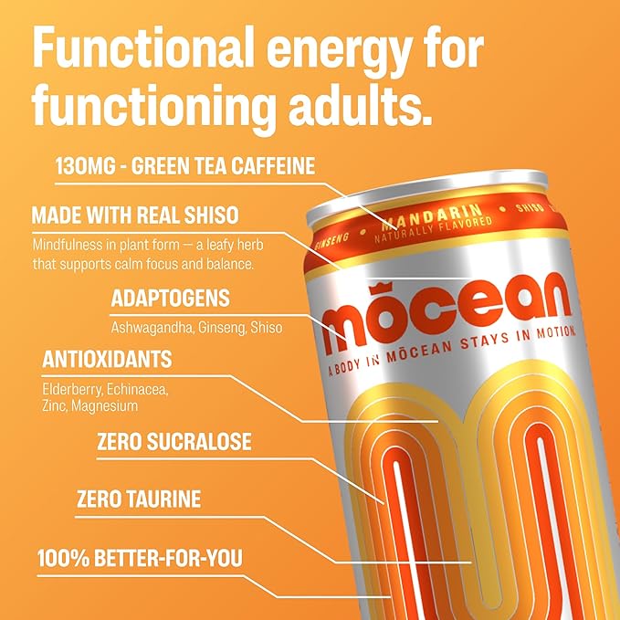 MŌCEAN Mandarin Energy Drink 12 fl oz (Pack of 12) Clean Adult Energy Drink with 130mg Caffeine Adaptogens &amp Minerals No Taurine No Sucralose No Candy Flavors