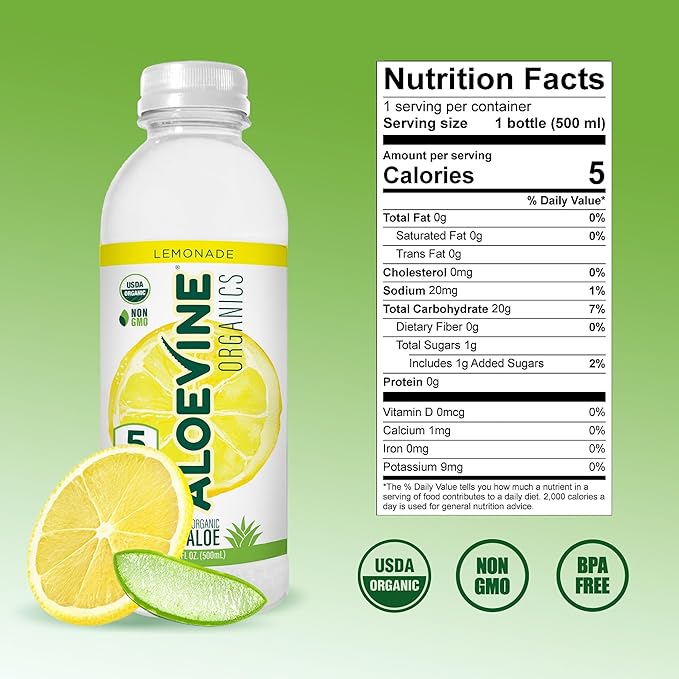 Aloe Vera Juice No-Pulp Organic Aloe Vera Drink Healthy Juice with Aloe Powder and Lemon Juice 5 Calories Low Sugar No Artificial Ingredients 16.9 oz 12 Pack Lemonade - Aloevine Organics