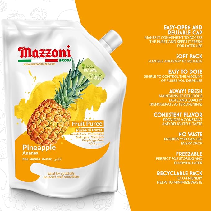 Mazzoni - Pineapple Juice Puree 100% Pure Pineapple Juice Mix Just Fruit No Sugar Added Mixer for Cocktails Drinks Smoothies Make Healthy Pina Coladas Convenient Pouch Made in Italy 2.2 lbs