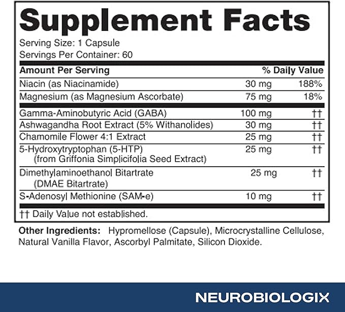 Neurobiologix Mood Plus for Men and Women Mood &amp Stress Support Supplement with GABA 5-HTP Ashwagandha Magnesium &amp Chamomile for Emotional Balance Relaxation &amp Serotonin Support 60 C