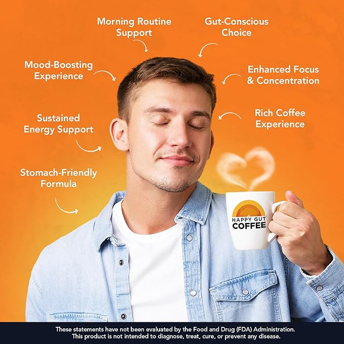Happy Gut Coffee - Doctor-Formulated Organic Medium-to-Dark Roast Coffee - Gut-Friendly - Gentle on Stomach - Rich Flavor Gluten-Free No Bitterness - 12oz - SMOOTH - Whole Bean