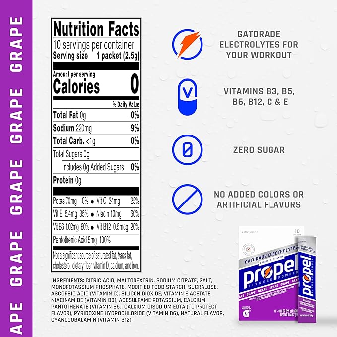 Propel Electrolyte Enhanced Water Drink Mix Powder Packets Grape Zero Calorie &amp 0 Sugar Hydration with Electrolytes and Vitamins C &amp E (120 Packets)
