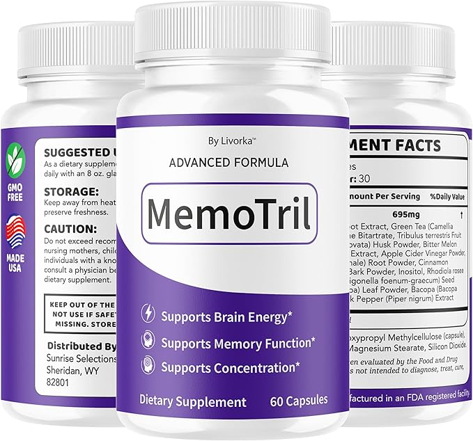 (2 Pack) Memotril Capsules - Official Memo Tril Advanced Brain Health Supplement Support Pills All Natural Formula Memotril Vitamins For Overall Health &amp Wellness Reviews 120 Capsules For 2 Mont