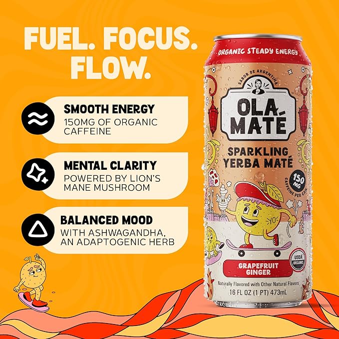 Yerba Mate Energy Drink - Low Sugar Sparkling Tea Cans with Ashwagandha Lion’s Mane USDA Organic Clean Energy Drink with 150mg Natural Caffeine Ola Mate Grapefruit Ginger
