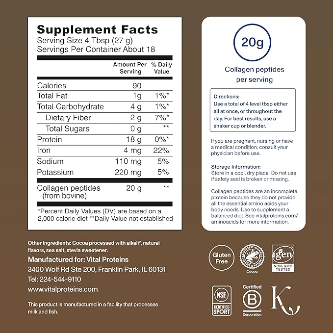 Vital Proteins Grass Fed Collagen Powder Supplement (Type I III) for Skin Hair Nail Joint - Hydrolyzed Collagen Grass Fed Dairy and Gluten Free - Chocolate Flavor 17.1 oz Canister