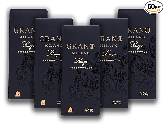 Grano Milano Lungo - 50 Espresso Pods Compatible with Nespresso Original line 100% Arabica Medium Roast - Intensity 7/12 Coffee Capsules Made in Italy Espresso Coffee