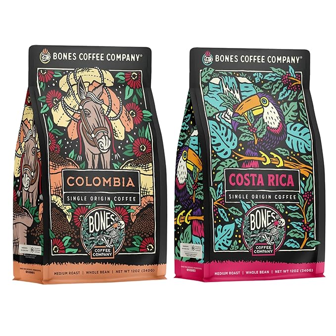 Bones Coffee Company Colombia and Costa Rica Single Origin Flavored Coffee Bundle Medium Roast Low Acid Arabica Beans 12 Oz Whole Bean