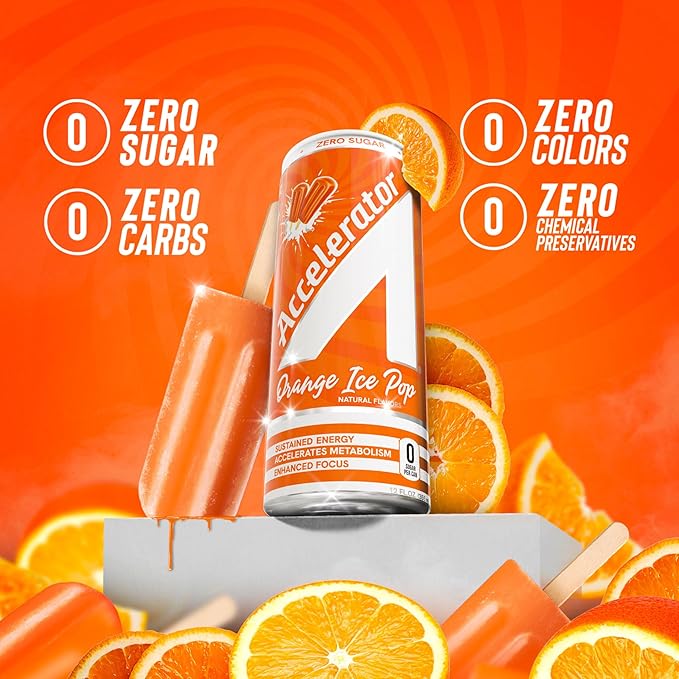 Accelerator Energy Drink Orange Ice Pop 12oz can (12 pack) Zero Sugar Sustained Energy from 100% Natural Caffeine (200mg from Green Coffee Bean &amp Green Tea extract)