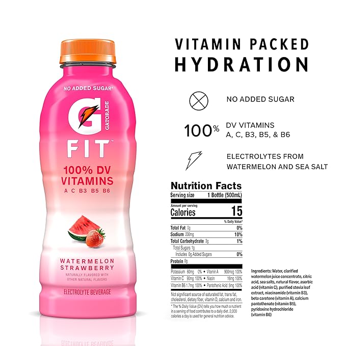 Gatorade Fit Electrolyte Beverage Healthy Real Hydration Watermelon Strawberry 16.9.oz Bottles (12 Pack)