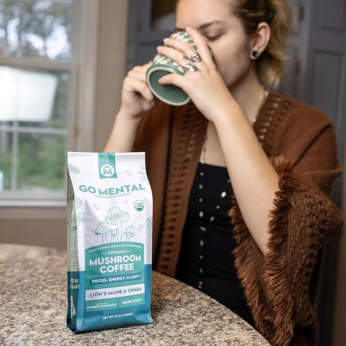 Organic Mushroom Coffee 3 Bag Gift Box Set Lion's Mane &amp Chaga Red Reishi &amp Chaga Decaffeinated Turkey Tail &amp Cordyceps Immune Support &amp Overall Wellbeing Dark Roast 36oz Ground