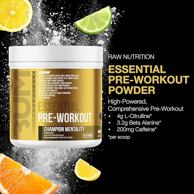 RAW Essential Pre-Workout Powder (Champion Mentality) - Chris Bumstead Sports Nutrition Supplement for Men &amp Women - Preworkout Energy Powder with Caffeine L-Citrulline L-Tyrosine &amp Beta Ala