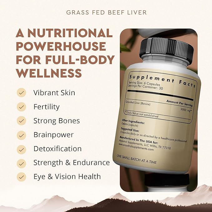 Ancestral Supplements Grass Fed Beef Liver 180 Capsules Supports Energy Production Detoxification Digestion Immunity and Full Body Wellness Non-GMO Freeze Dried Liver Health Supplement
