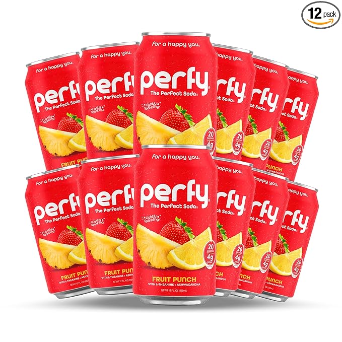 PERFY Caffeine Free Fruit Punch Soda | Made With Real Fruit Juice – Low Sugar Nootropic Drink with L-Theanine + Ashwagandha | Calming Adaptogen Mocktail | Keto + GLP-1 Friendly | Sweetened with Stevia