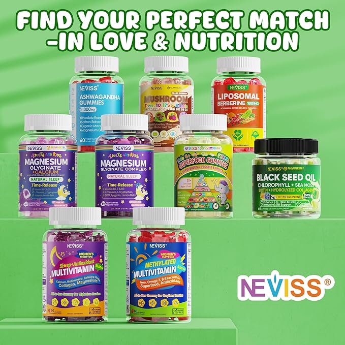 NEVISS Kids 4+ &amp Teens Super Greens 40-in-1 Gummies w/Multivitamin Omega3 Iron D3K2 Picky Eater Organic Super Fruits Veggies Superfood Gummy Mushroom Lutein | Immune Bone Brain Energy Sugar