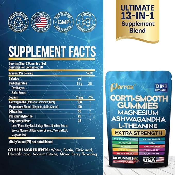 Corti-Smooth Cortisol Support Gummies with Magnesium L-Theanine Ashwagandha Phosphatidylserine Bacopa Monnieri Lions Mane Ginkgo Biloba Valerian Root (Mixed Berry Flavor - 2 Pack)