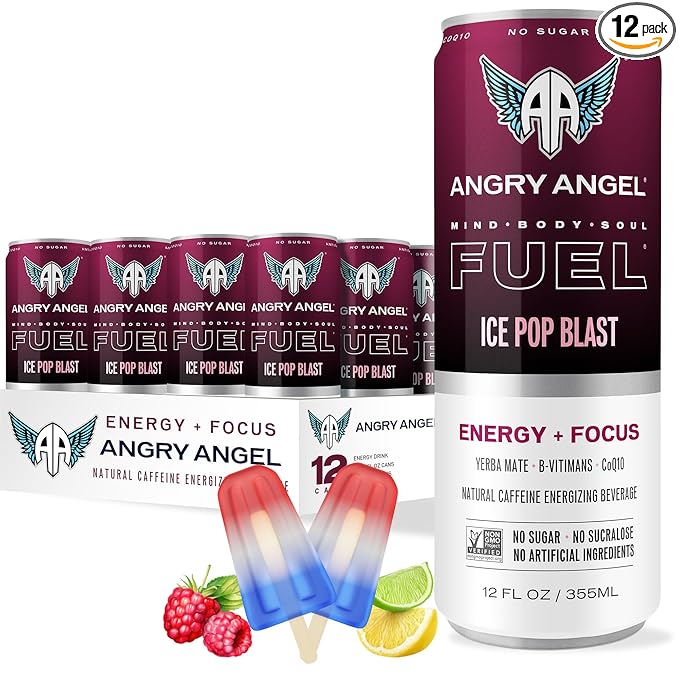 Angry Angel Ice Pop Blast Natural Energy + Focus Drink (12 count) - Zero Sugar - Natural Caffeine from Yerba Mate - CoQ10 - B Vitamins - 12 oz Cans