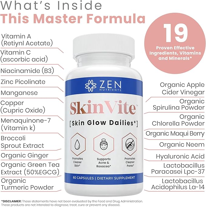 Zen Nutrients SkinVite Natural Skin Supplement for Women Men &amp Teens - Hormonal Breakouts &amp Clear Skin Support Supplement - Detoxifying Vitamin for Acne and Digestion Support