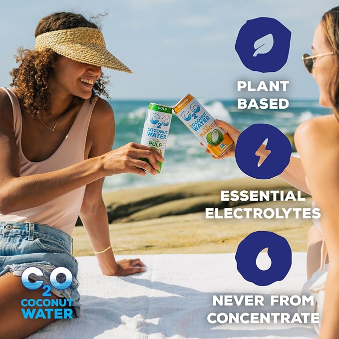 C2O - Coconut Water with Pulp (24 Pack 3 Boxes of 8) - Made with Fresh Coconut Water - Plant Based Non GMO Canned Water - Natural Hydration Essential Electrolytes &amp Potassium - 24 Cans 10.5 F
