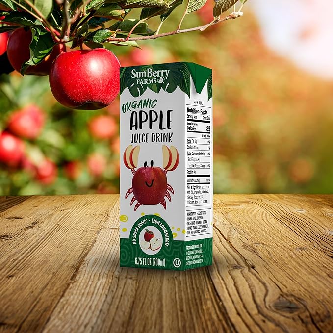 Sunberry Farms Organic Apple Juice Drink – 32 Pack (6.75 fl oz Each) | No Sugar Added | USDA Organic | Gluten-Free | GMO-Free | Preservative Free | Excellent Source of Vitamin C | Lunchbox Kids Juice