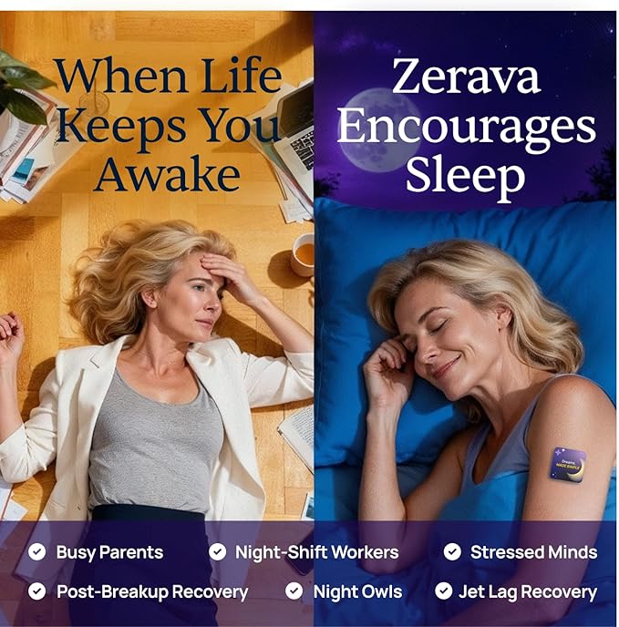 Zerava Sleep Patch For Adults | Natural Sleep Aid For Tired Adults &amp Busy Parents | Comfort Feel That Holds All Night | 8-Hour Slow Release | Non-Habit Forming | Easy On &amp Off | 28 Patches | L