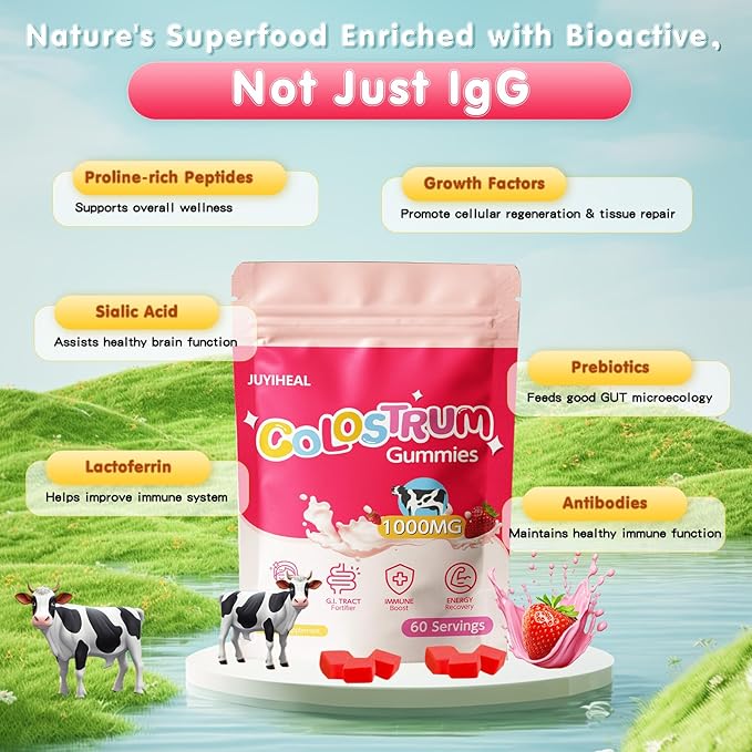 Colostrum Gummies 1g Per Seving Grass Fed Colostrum Chews Colostrum Supplement for Gut Health Hair Growth Beauty and Immune Support Strawberry Flavor 60 Servings