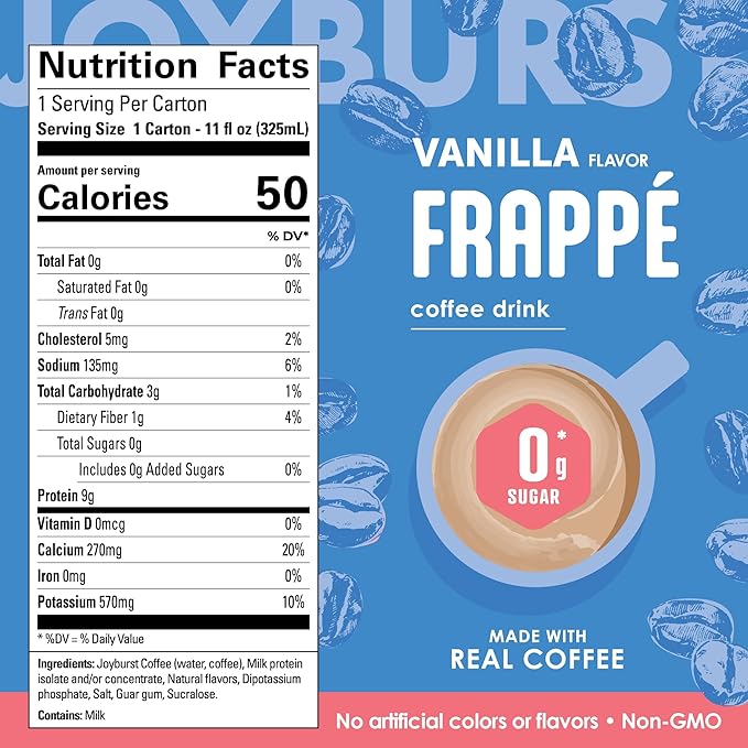 Joyburst Coffee Frappe Vanilla Flavor Ready-to-Drink Iced Coffee Beverage 0g Sugar 3g Carbs 50 Calories 9g Protein Non-GMO 12 Pack (325 mL Bottles)