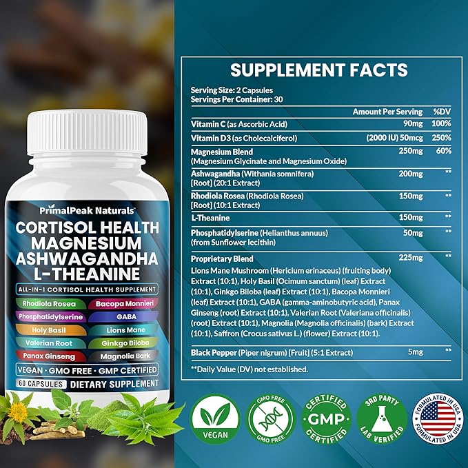 Cortisol Supplements for Women and Men with Magnesium Ashwagandha Rhodiola Rosea L-Theanine &amp Ceylon Cinnamon Apple Cider Vinegar Turmeric Curcumin Panax Ginseng Berberine Vegan Capsules