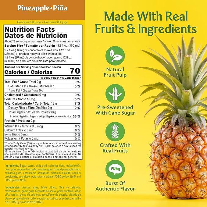 Frutiva Authentic Pineapple Drink Mix | Made in Mexico with Cane Sugar | Piña Aguas Frescas Concentrate Makes 2.6 Gallons Per Bottle | No High Fructose Corn Syrup | Perfect for Drinks Desserts &amp