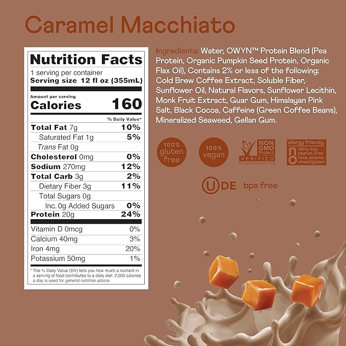 OWYN Only What You Need Double Shot Dairy Free Keto Protein Coffee Shake Caramel Macchiato 0g Sugar 20g Plant Based Protein 180mg Caffeine Gluten &amp Soy Free Non-GMO Vegan (12 Pack 12 Fl Oz