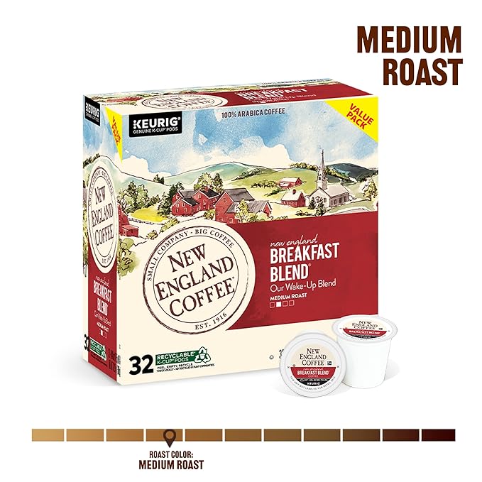 New England Coffee Breakfast Blend Medium Roast Single Serve Pods 32ct Box (Pack of 1)