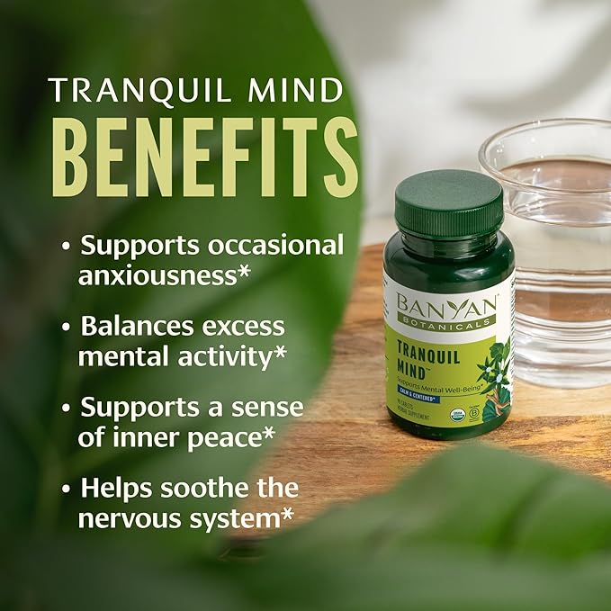 Banyan Botanicals Organic Tranquil Mind – Nervous System Support &amp Physical Relaxation Supplement – with Skullcap Passionflower &amp Gotu Kola – Non-Drowsy Systemic Grounding – 90 Tablets – USDA
