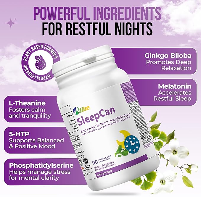 SleepCan Capsules 5mg Melatonin with Phosphatidylserine and L-Theanine Pack of 90 Sleep-Wake Cycle Support Supplements Serving Size: 1 Capsule Once Daily