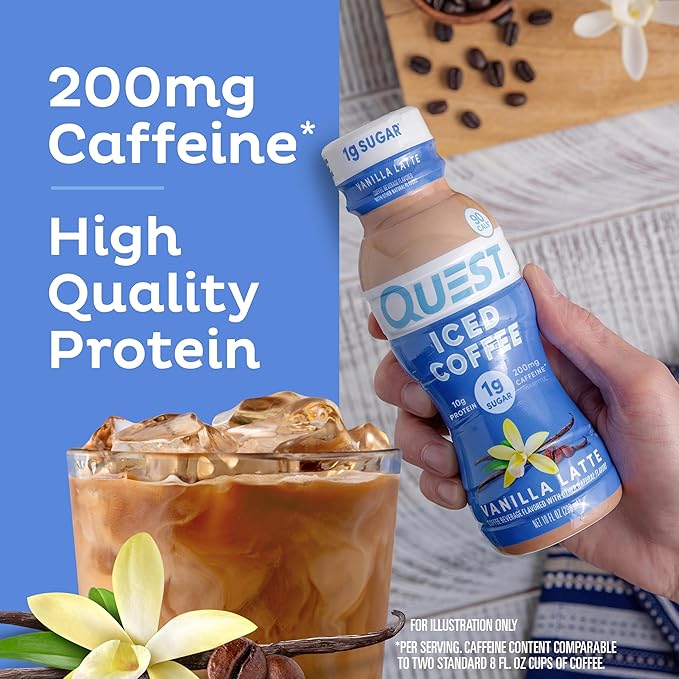 Quest Nutrition Iced Coffee Vanilla Latte 1g of Sugar 10g of Protein 90 calories 200mg of caffeine 12 Count