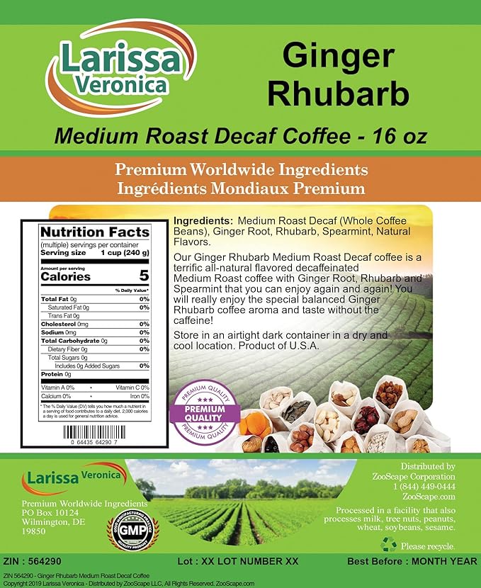 Ginger Rhubarb Medium Roast Decaf Coffee (Gourmet Naturally Flavored Whole Coffee Beans) (16 oz ZIN: 564290) - 2 Pack