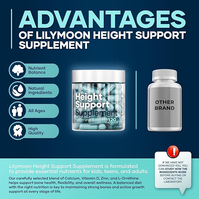 Height &amp Bone Support Supplement - Premium Height Growth Supplement for Kids &amp Teens with Calcium - Nutritional Support Bone Health Formula - Height Increase Essential Vitamins - 120 Caps