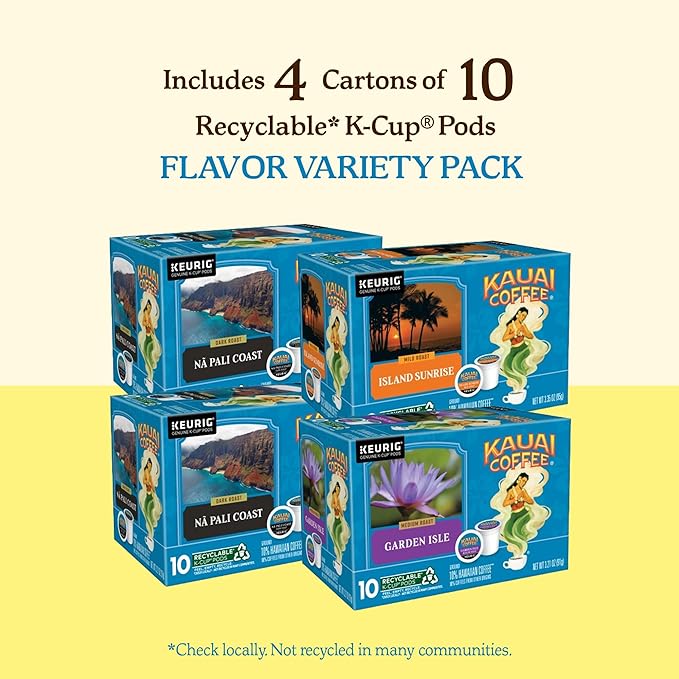 Kauai Coffee K-Cup Pods for Keurig Brewers – Arabica Coffee 10% Hawaiian – Medium Roast Rich Smooth No Bitterness – Three Flavors 4 Packs of 10 Single Serve K-Cups