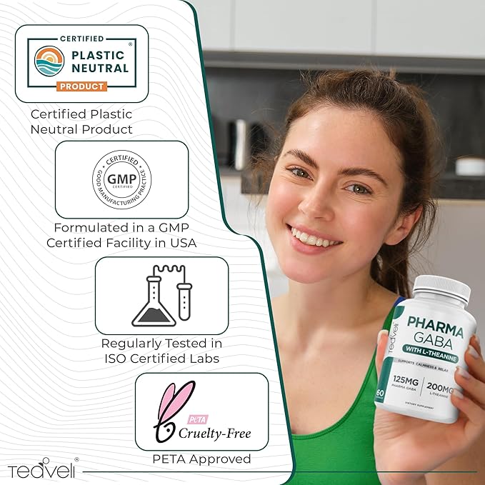 Teaveli Pharma GABA with L Theanine Supplement - 100mg PharmaGABA and 200mg L-Theanine - Clean Label - Supports Calm and Focus - No Additives or Preservatives – 60 Veggie Capsules