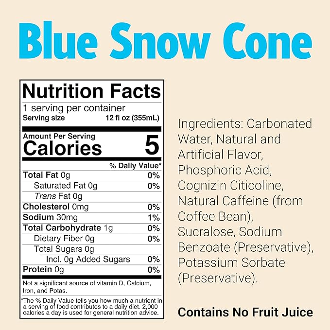 BUM Sugar-Free Energy Drink Blue Snow Cone - Lightly Carbonated &amp No Artificial Colors Natural Caffeine &amp Citicoline for Energy &amp Focus Brain Boost &amp Workout Sports Beverage - 12 oz