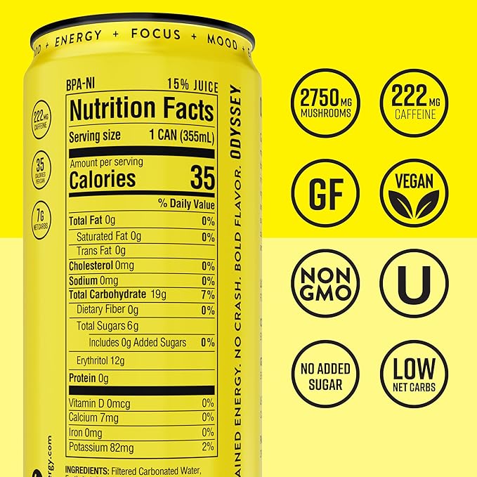 Odyssey Elixir - Odyssey 222 - Sparkling Energy Drink - 222 mg of Caffeine - Lion's Mane &amp Cordyceps - Energy &amp Focus - Endurance &amp Stamina - Nootropic - Pre Workout - Pineapple Mango