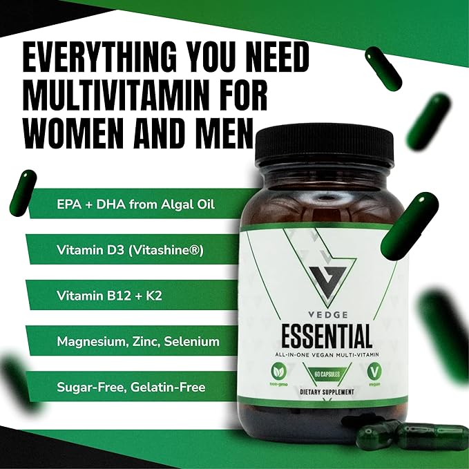 VEDGE Vegan Omega 3 Multivitamin for Women and Men – Plant-Based Algal EPA &amp DHA + Vitamin B12 Vitamin D K2 Magnesium Zinc &amp Selenium – 30-Day Supply – Non-GMO Gluten Free Made in USA
