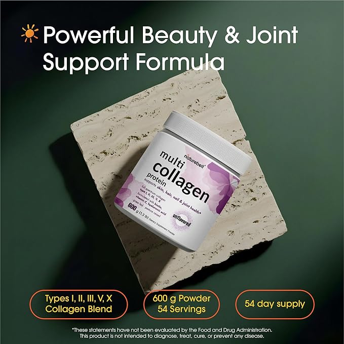 NatureBell Multi Collagen Protein Powder - 600g - Hydrolyzed Collagen Peptides - for Skin Hair Nail Joint &amp Bone Health Support* - Grass-Fed &amp Keto-Friendly - Unflavored