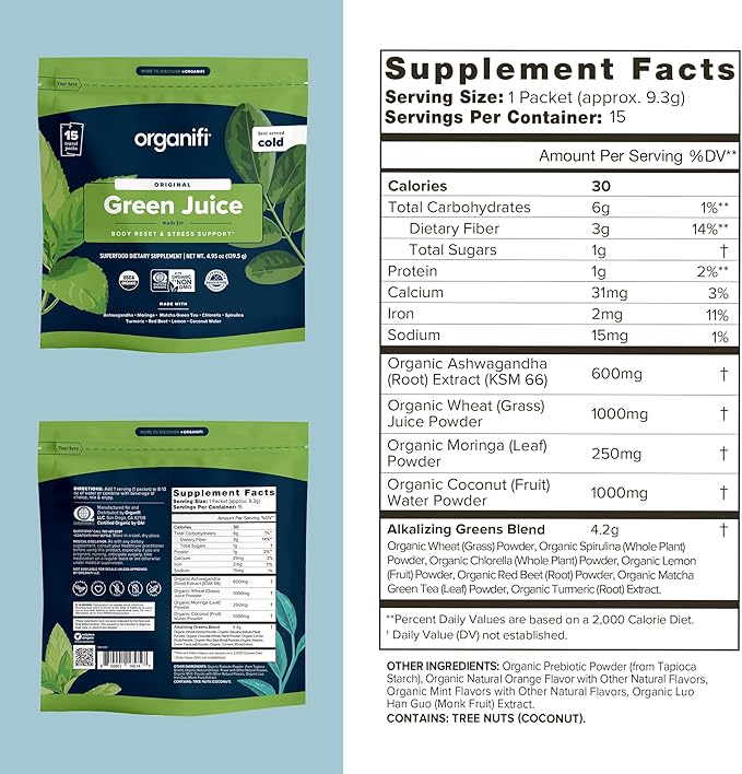 Organifi: GO Packs - Green Juice - Organic Superfood Supplement Powder - 15 Travel Packs - Organic Vegan Greens - Hydrates and Revitalizes